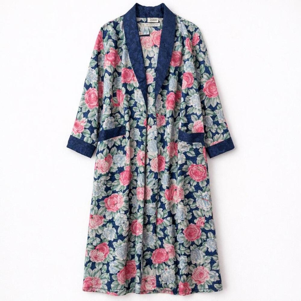 Vintage Tesoro Kimono ankle-length floral duster robe in a rich navy rose print